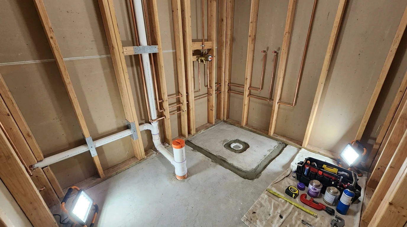 Bathroom rough-in plumbing during remodel by Johns Plumbing LLC in Green Bay