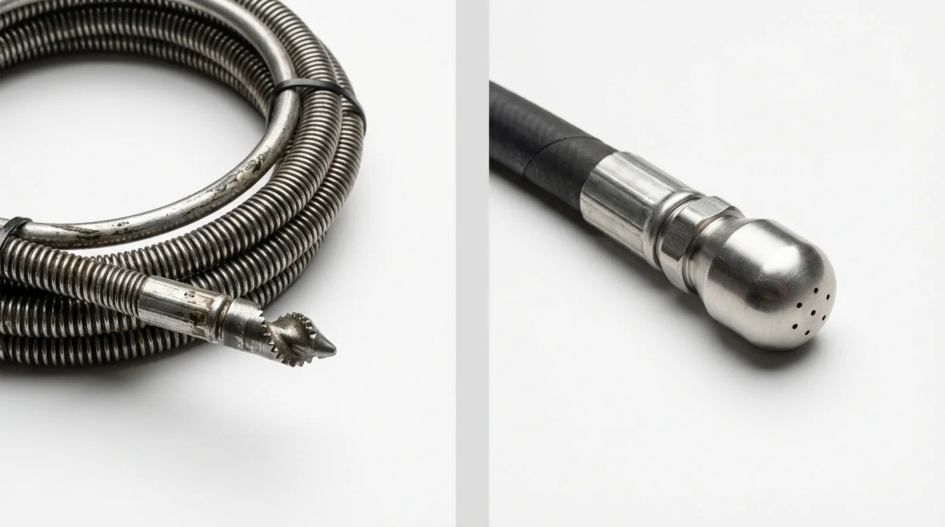 Drain snake cable and hydro jetting nozzle used for drain cleaning in Green Bay, WI