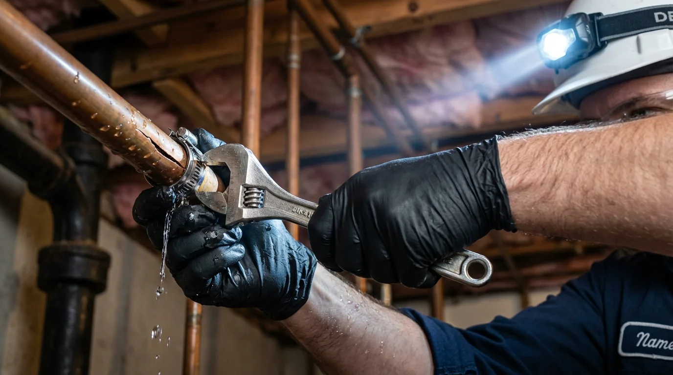 Emergency pipe clamp repair being performed by a Johns Plumbing LLC plumber in Green Bay